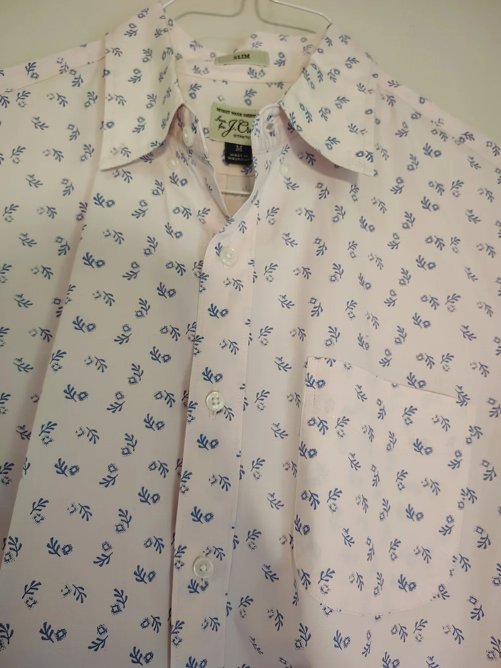 JCREW Men's Pale Pink Button-Up Shirt with Navy Floral Print Medium Slim Fit